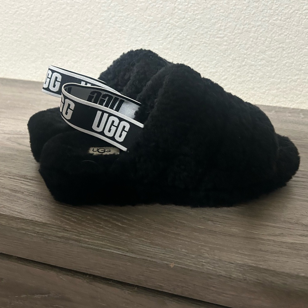 UGG Black Fluffy Slides with Logo Strap